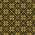 Vector seamless geometric pattern with golden knitted snowflakes on black background.